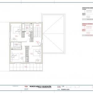 Plano técnico de planta alta de una vivienda unifamiliar aislada de diseño sostenible, mostrando la distribución de tres dormitorios, suite con vestidor, baños y terraza, diseñado por Espacio Acorde.