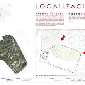 Plano técnico de localización y entorno urbano para la propuesta del Museo Municipal del Bonsái en el Parque Peñalba de Collado Villalba, detallando la superficie total de actuación