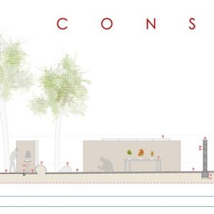 Plano de sección constructiva con leyendas técnicas del proyecto Museo del Bonsái por Espacio Acorde