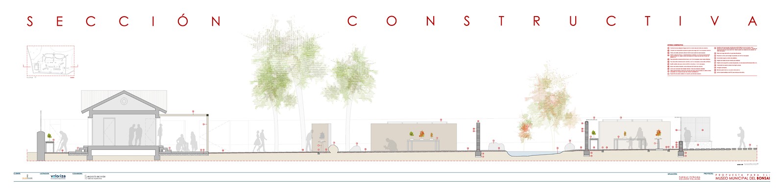 Plano de sección constructiva con leyendas técnicas del proyecto Museo del Bonsái por Espacio Acorde