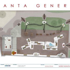 Plano renderizado de la planta general y propuesta paisajística para el Museo Municipal del Bonsái en el Parque Peñalba de Collado Villalba, mostrando la zonificación de pavimentos, estanques y áreas verdes