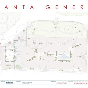 Plano de planta general de la propuesta para el Museo Municipal del Bonsái en el Parque Peñalba de Collado Villalba, detallando la distribución del edificio de talleres, estanques, rocallas y zonas de miradores