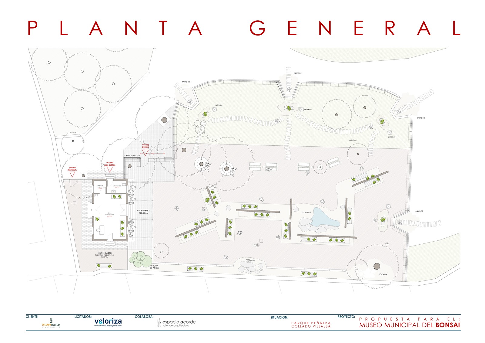 Plano de planta general de la propuesta para el Museo Municipal del Bonsái en el Parque Peñalba de Collado Villalba, detallando la distribución del edificio de talleres, estanques, rocallas y zonas de miradores