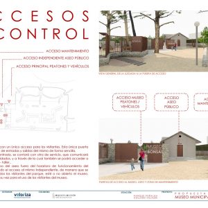 Esquema técnico de accesos y renders del proyecto para el Museo Municipal del Bonsái en Collado Villalba, diseñado por Espacio Acorde, estudio de arquitectura sostenible en Madrid.