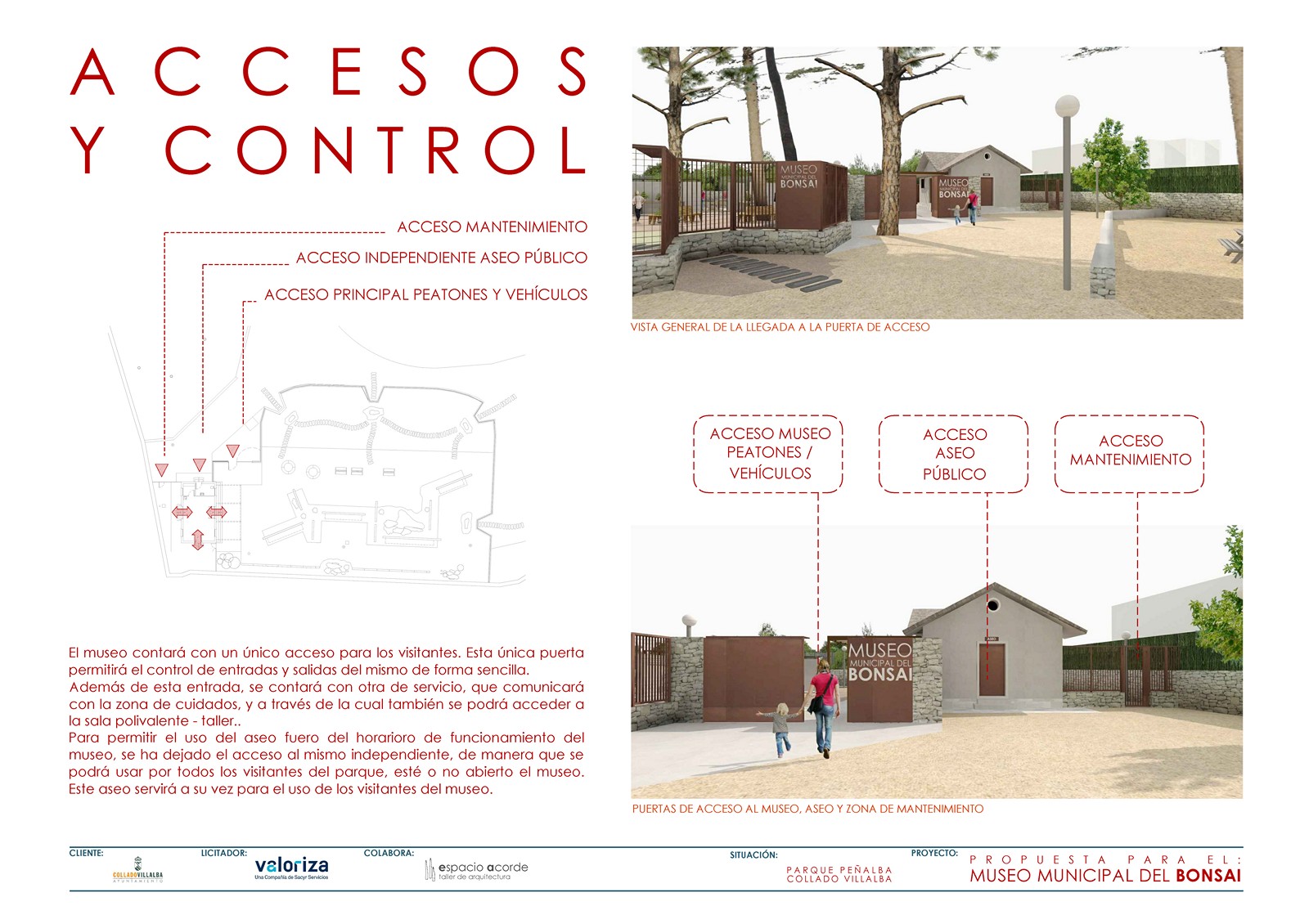 Esquema técnico de accesos y renders del proyecto para el Museo Municipal del Bonsái en Collado Villalba, diseñado por Espacio Acorde, estudio de arquitectura sostenible en Madrid.