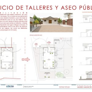 Plano técnico de estado previo y modificado junto a render 3D del Edificio de Talleres del Museo del Bonsái en Collado Villalba por Espacio Acorde