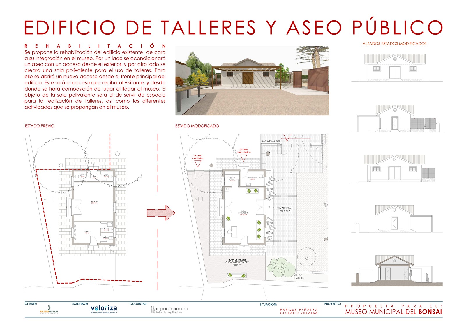 Plano técnico de estado previo y modificado junto a render 3D del Edificio de Talleres del Museo del Bonsái en Collado Villalba por Espacio Acorde