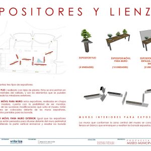 Esquema técnico y modelos 3D de expositores de pizarra, acero y madera para el Museo del Bonsái por Espacio Acorde