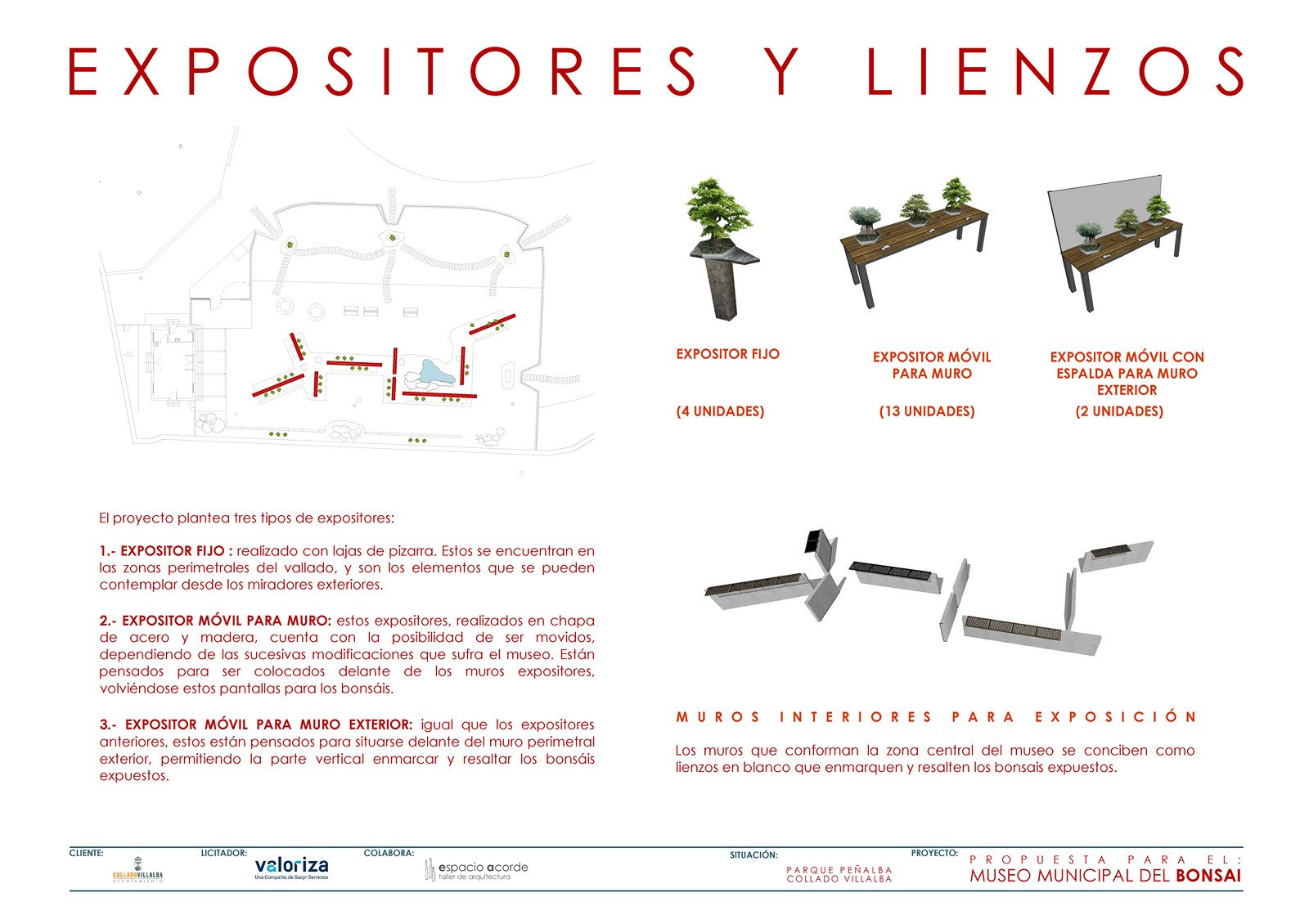 Esquema técnico y modelos 3D de expositores de pizarra, acero y madera para el Museo del Bonsái por Espacio Acorde