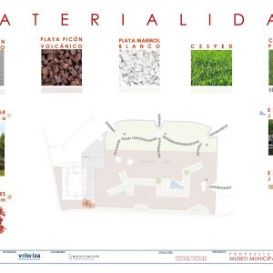 Muestrario de materiales sostenibles como pizarra, hormigón desactivado y vegetación para el Museo del Bonsái por Espacio Acorde