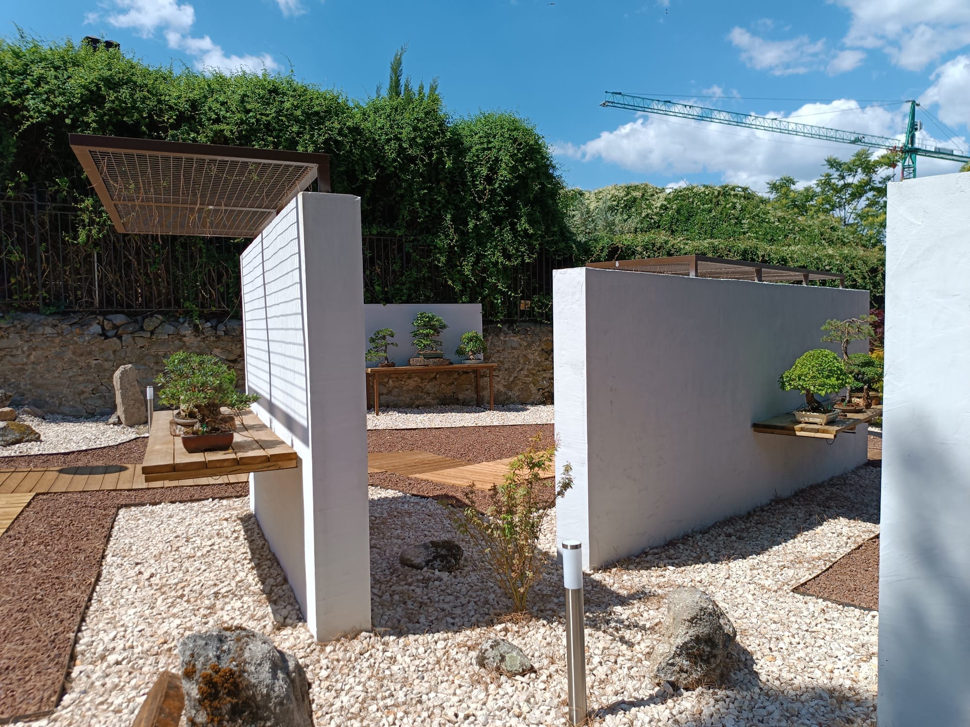 Museo Municipal del Bonsái en Collado Villalba mostrando la zonificación de patios mediante muros exentos blancos, pasarelas de madera natural, grava decorativa y balizas de iluminación.