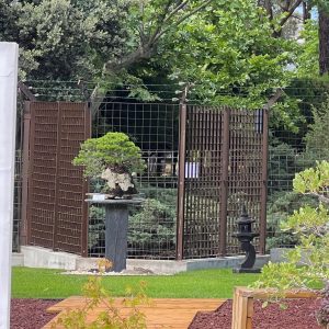 Fotografía del cerramiento perimetral de lamas metálicas y celosía en el Museo Municipal del Bonsái en Collado Villalba, mostrando un bonsái expuesto sobre pedestal de piedra y zonas verdes.