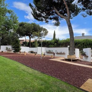 Fotografía panorámica del proyecto terminado del Museo del Bonsái en Collado Villalba, mostrando la integración de caminos de madera, bancos artesanales de madera alrededor de pinos existentes, parterres de corteza y muros blancos de exposición