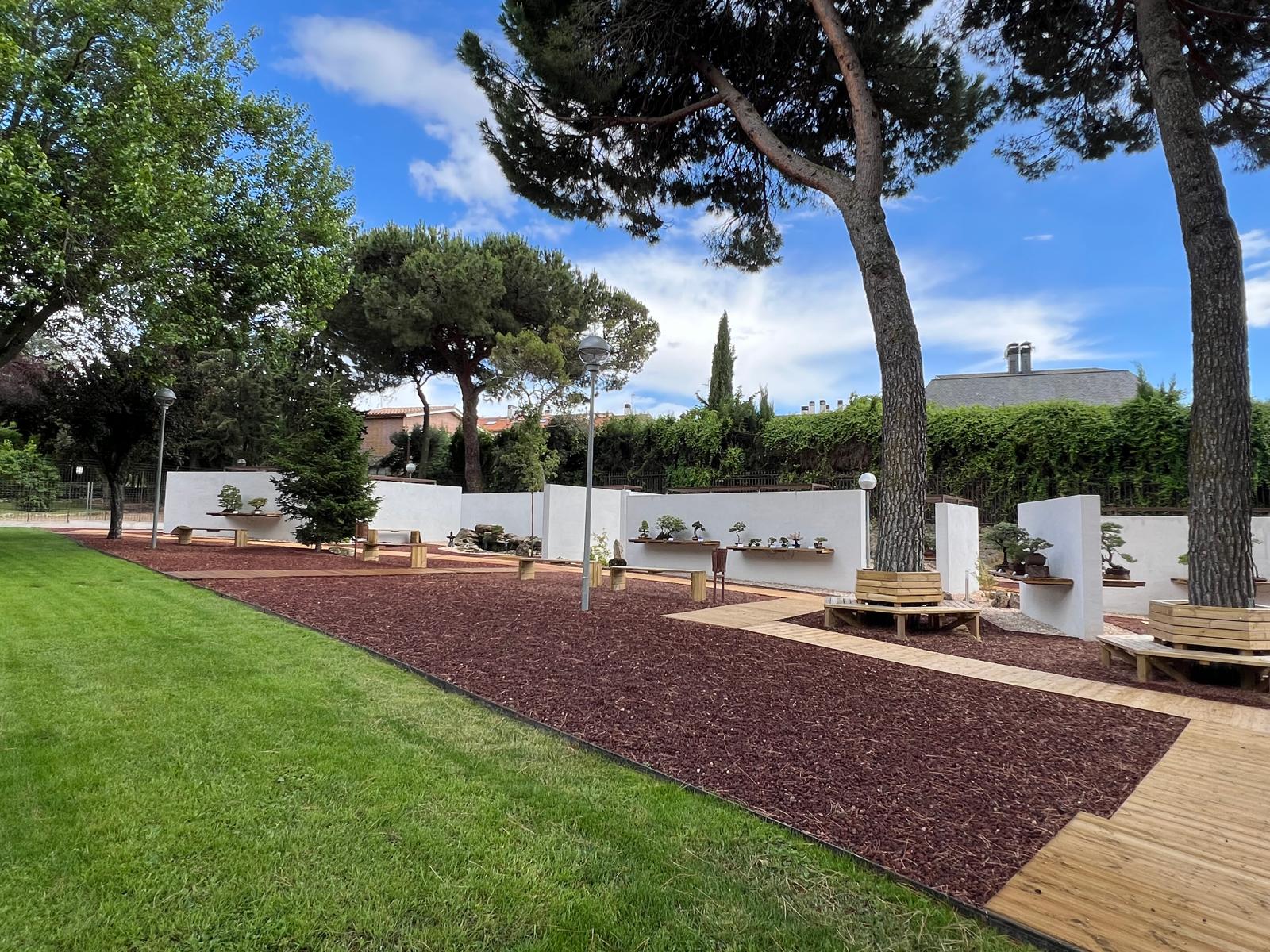 Fotografía panorámica del proyecto terminado del Museo del Bonsái en Collado Villalba, mostrando la integración de caminos de madera, bancos artesanales de madera alrededor de pinos existentes, parterres de corteza y muros blancos de exposición