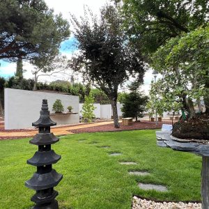 jardín de inspiración japonesa con una linterna pagoda de piedra tallada sobre el césped, un sendero de losas naturales y un bonsái en pedestal de pizarra ante muros blancos en el Museo del Bonsái de Collado Villalba, diseñado por Espacio Acorde.