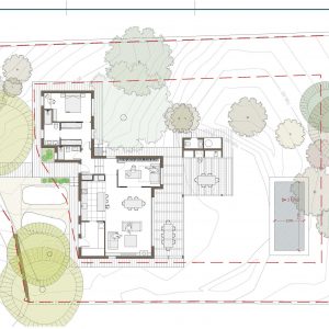 Plano técnico de planta general de parcela para vivienda unifamiliar aislada en Valdemorillo, detallando curvas de nivel, arboleda, terrazas y piscina