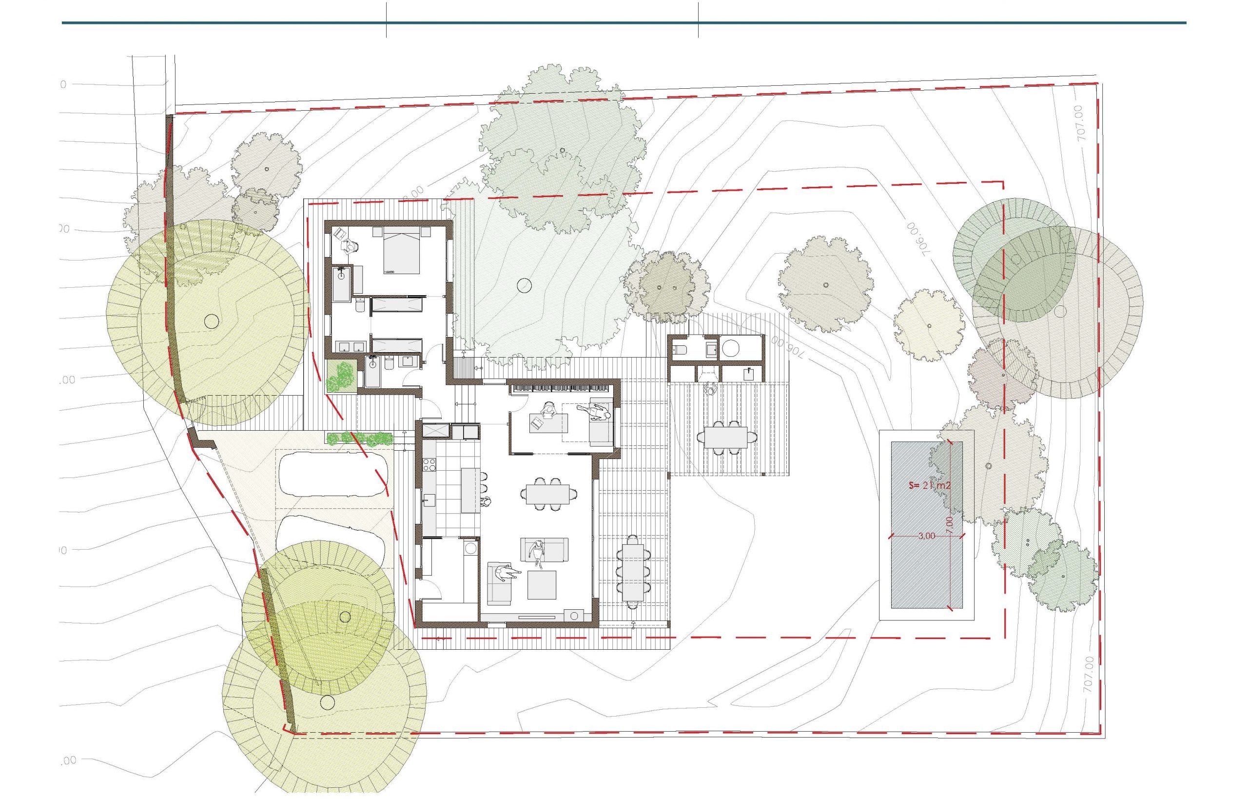 Plano técnico de planta general de parcela para vivienda unifamiliar aislada en Valdemorillo, detallando curvas de nivel, arboleda, terrazas y piscina