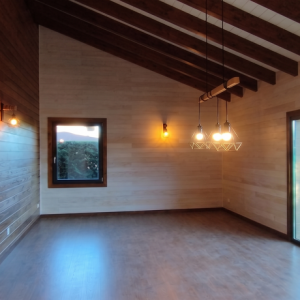 Interior de salón diáfano con techo inclinado de vigas de madera vista, paredes revestidas de madera natural, iluminación cálida y grandes ventanales con vistas al jardín en Colmenarejo.