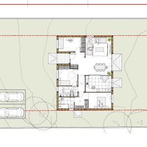 Plano técnico de planta general y distribución de una vivienda unifamiliar aislada de madera en Madrid, diseñado por el estudio Espacio Acorde.