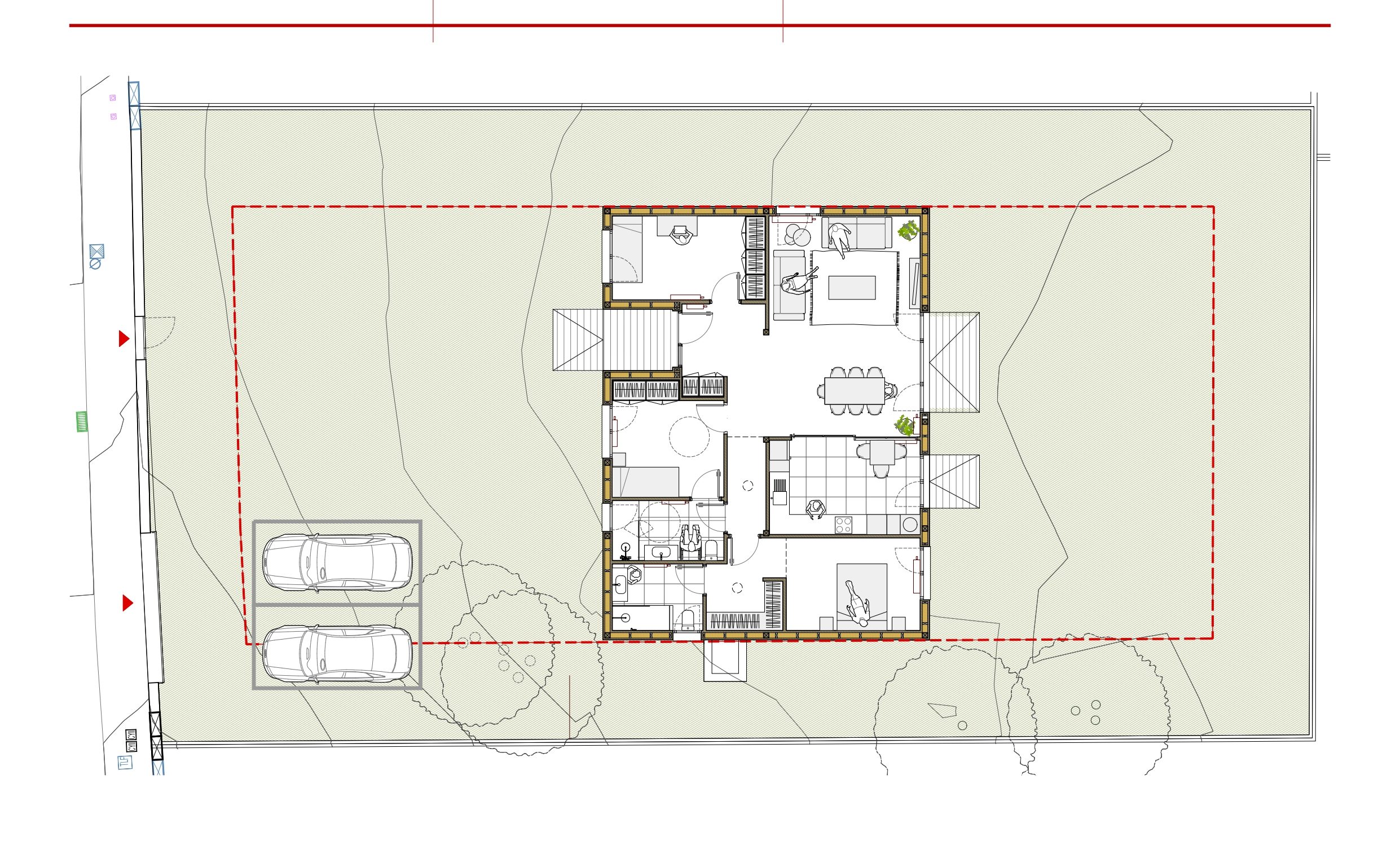 Plano técnico de planta general y distribución de una vivienda unifamiliar aislada de madera en Madrid, diseñado por el estudio Espacio Acorde.