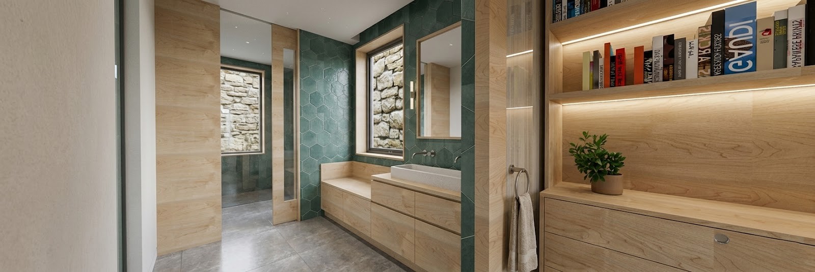 Vista panorámica de suite en ampliación de vivienda en Torrelodones, mostrando mueble de lectura con estantería retroiluminada de madera clara, paso hacia baño con alicatado hexagonal verde, mueble lavabo y ventana hacia muro de piedra, por Espacio Acorde.