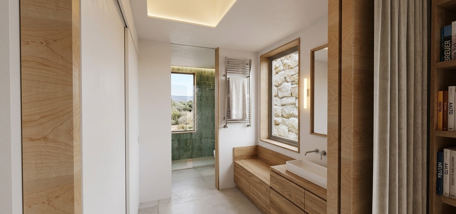 Vista de acceso a baño suite en ampliación en Torrelodones, con foso de iluminación cenital en techo, frentes de armario y mueble bajo en madera clara, ventanal hacia muro de piedra exterior y ducha con azulejo verde al fondo, por Espacio Acorde.