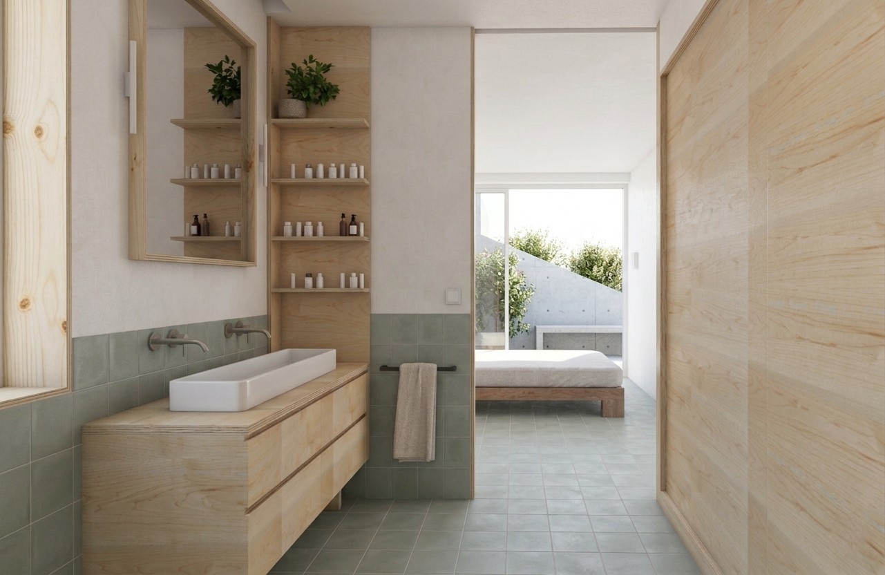 Perspectiva desde el baño suite hacia el dormitorio principal en ampliación de vivienda en Torrelodones, mostrando mueble lavabo y estantes de madera de abedul, zócalo de azulejo verde y cama de madera al fondo junto a ventanal con terraza exterior, por Espacio Acorde.