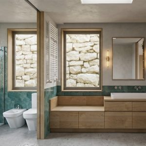 Baño en suite perteneciente a ampliación en Torrelodones, mostrando cabina de ducha acristalada con azulejo hexagonal verde, lavabo con mueble bajo en madera clara, apliques de pared y paso hacia vestidor, por Espacio Acorde.