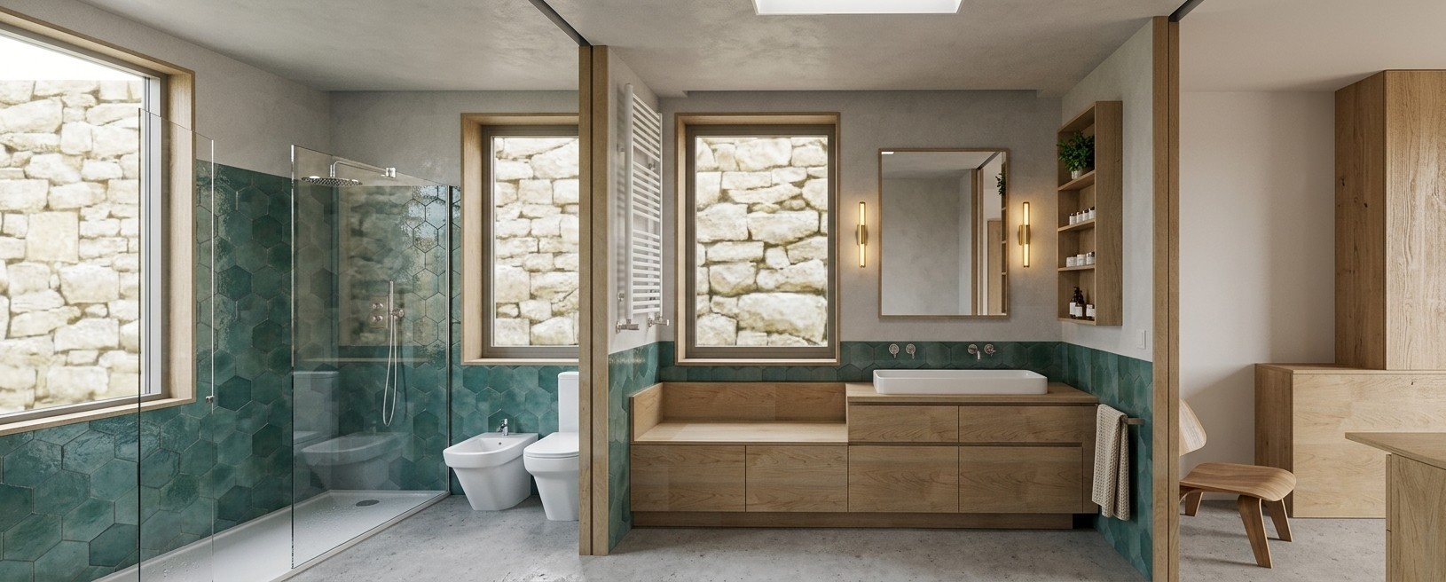 Baño en suite perteneciente a ampliación en Torrelodones, mostrando cabina de ducha acristalada con azulejo hexagonal verde, lavabo con mueble bajo en madera clara, apliques de pared y paso hacia vestidor, por Espacio Acorde.