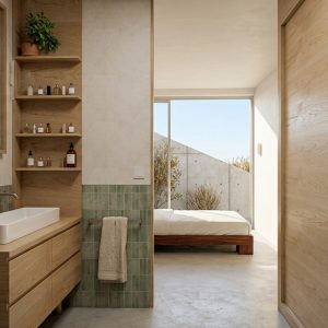 Encuadre vertical desde la zona de lavabo con mueble bajo y estantería de abedul, zócalo de azulejo verde y paso directo hacia el dormitorio suite con ventanal exterior en ampliación en Torrelodones, por Espacio Acorde.