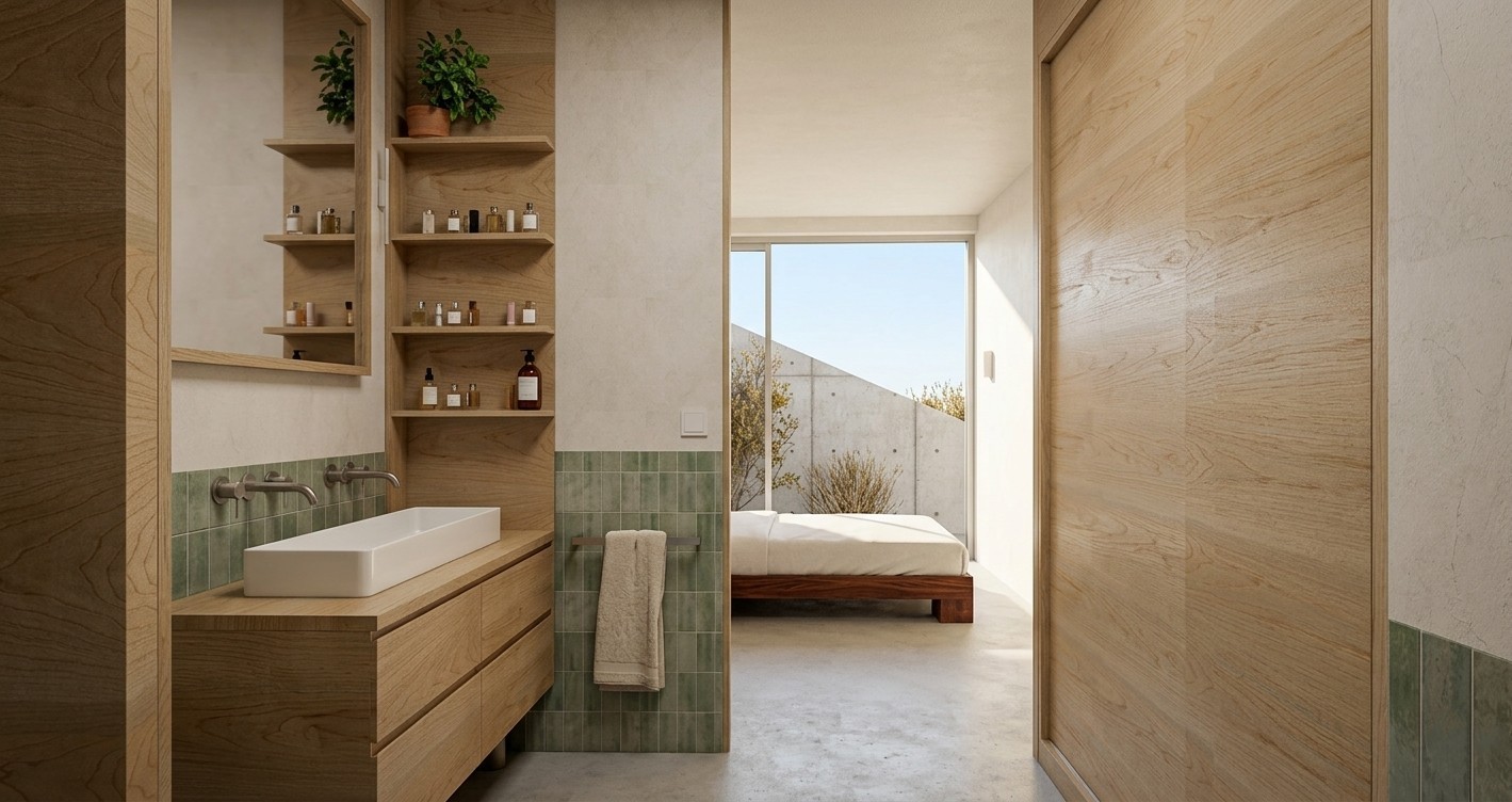 Encuadre vertical desde la zona de lavabo con mueble bajo y estantería de abedul, zócalo de azulejo verde y paso directo hacia el dormitorio suite con ventanal exterior en ampliación en Torrelodones, por Espacio Acorde.