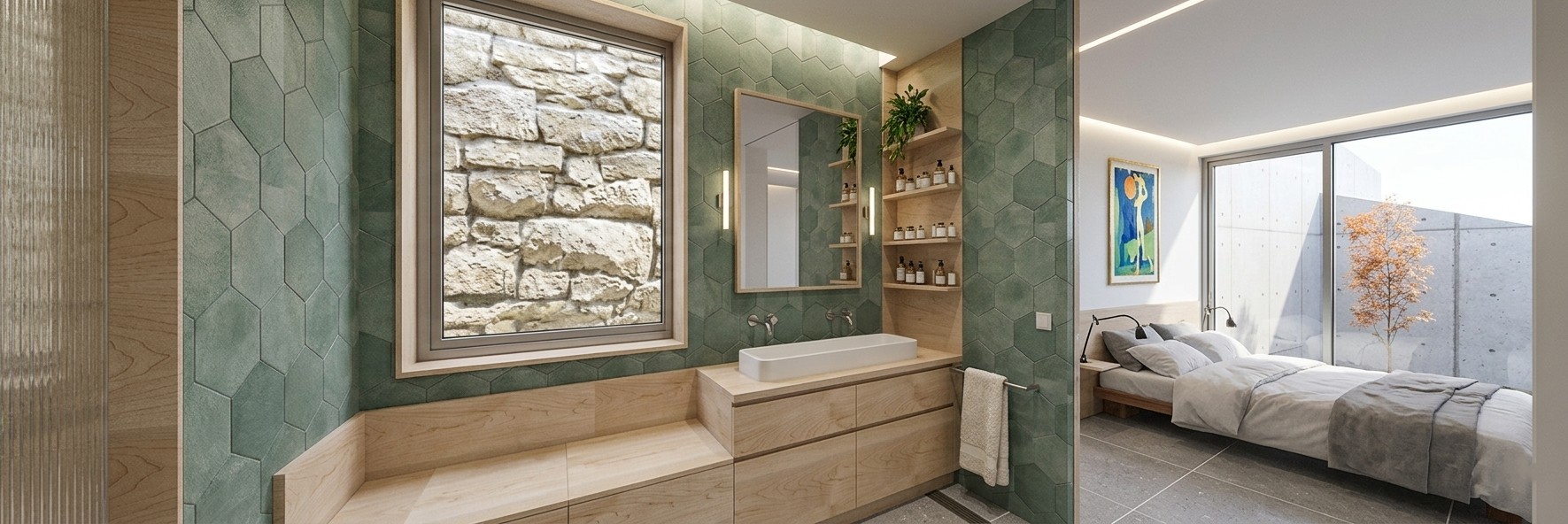 Vista panorámica del interior de un baño suite en ampliación en Torrelodones, con lavabo sobre mueble de abedul, zócalo de azulejo verde hexagonal, ventana con vistas a muro de piedra y paso abierto al dormitorio principal con ventanal exterior, por Espacio Acorde
