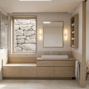 Vista frontal de baño suite en ampliación en Torrelodones, dividido en ducha acristalada, zona de lavabo sobre mueble corrido de madera clara con zócalo caliza, dos ventanas cuadradas hacia muro de piedra exterior y paso al dormitorio, por Espacio Acorde.