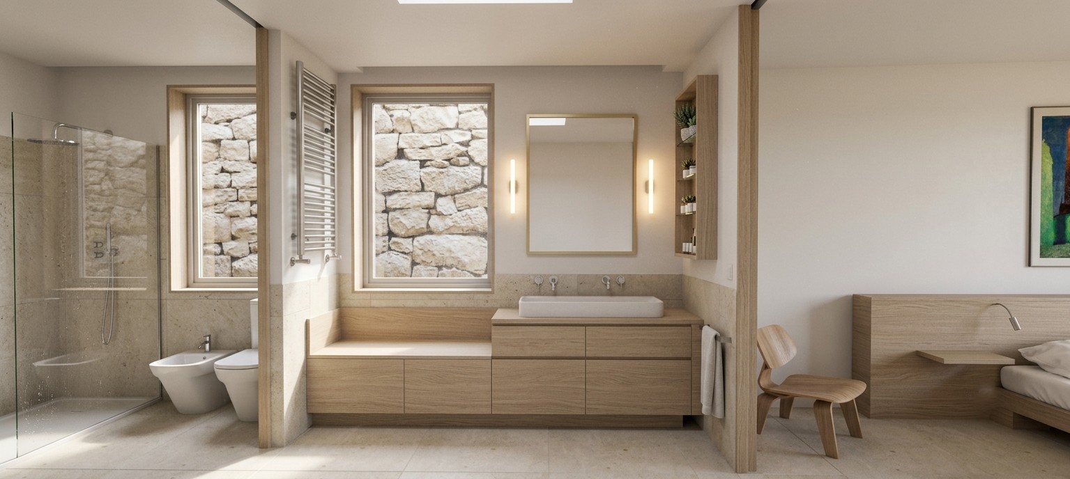 Vista frontal de baño suite en ampliación en Torrelodones, dividido en ducha acristalada, zona de lavabo sobre mueble corrido de madera clara con zócalo caliza, dos ventanas cuadradas hacia muro de piedra exterior y paso al dormitorio, por Espacio Acorde.