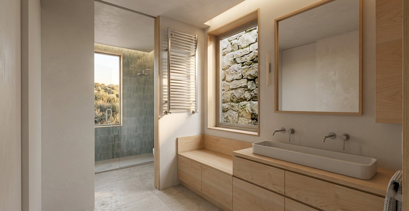 Baño suite perteneciente a la ampliación de una vivienda unifamiliar en Torrelodones, con mueble bajo y banco de madera clara, lavabo sobre encimera, radiador toallero, ventanal con vistas a muro de piedra y zona de ducha al fondo con alicatado cerámico verde verde agua, por Espacio Acorde.