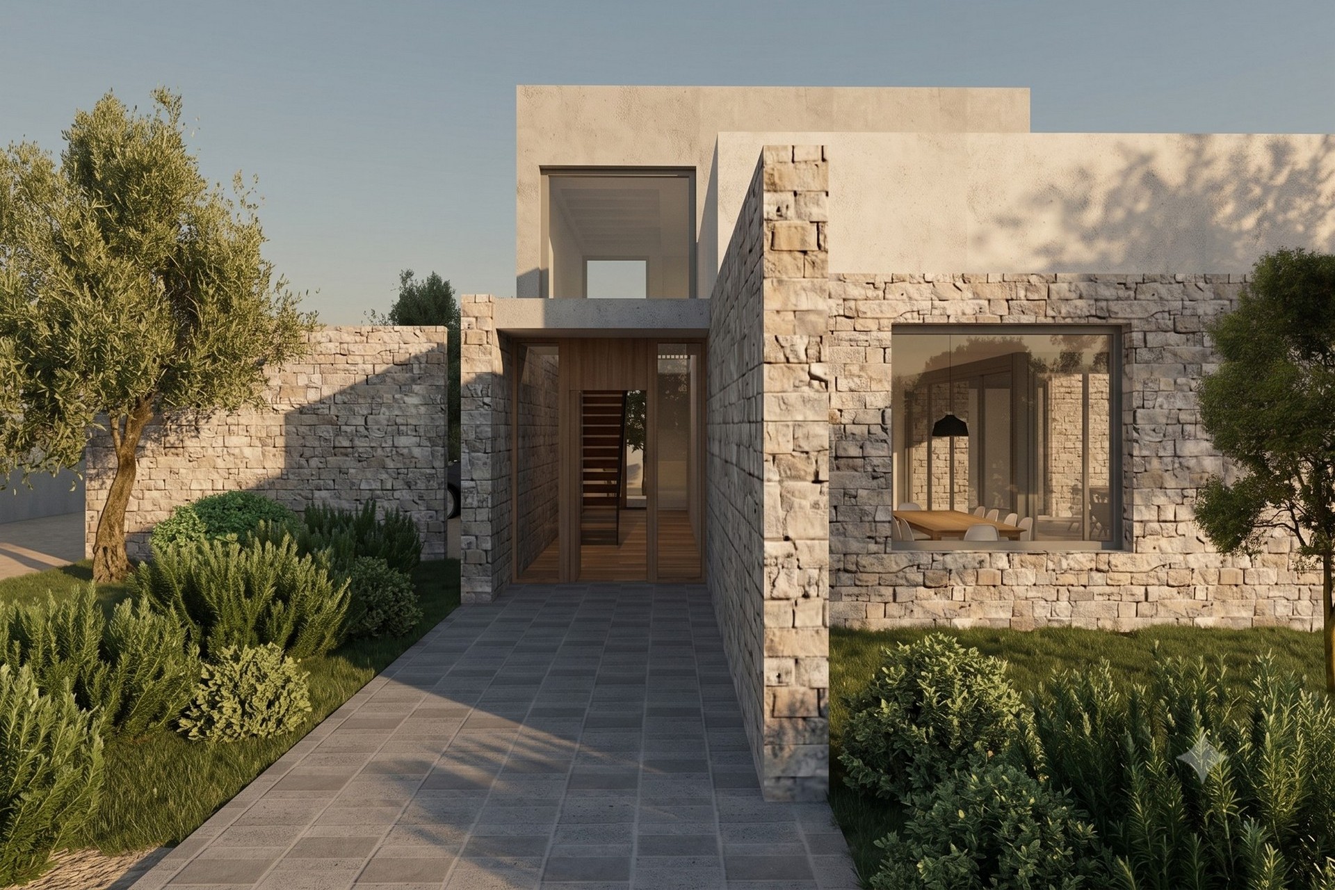 Fachada principal de vivienda unifamiliar con muros de mampostería en piedra natural, acceso en madera, ventanal a comedor y paisajismo en Madrid.