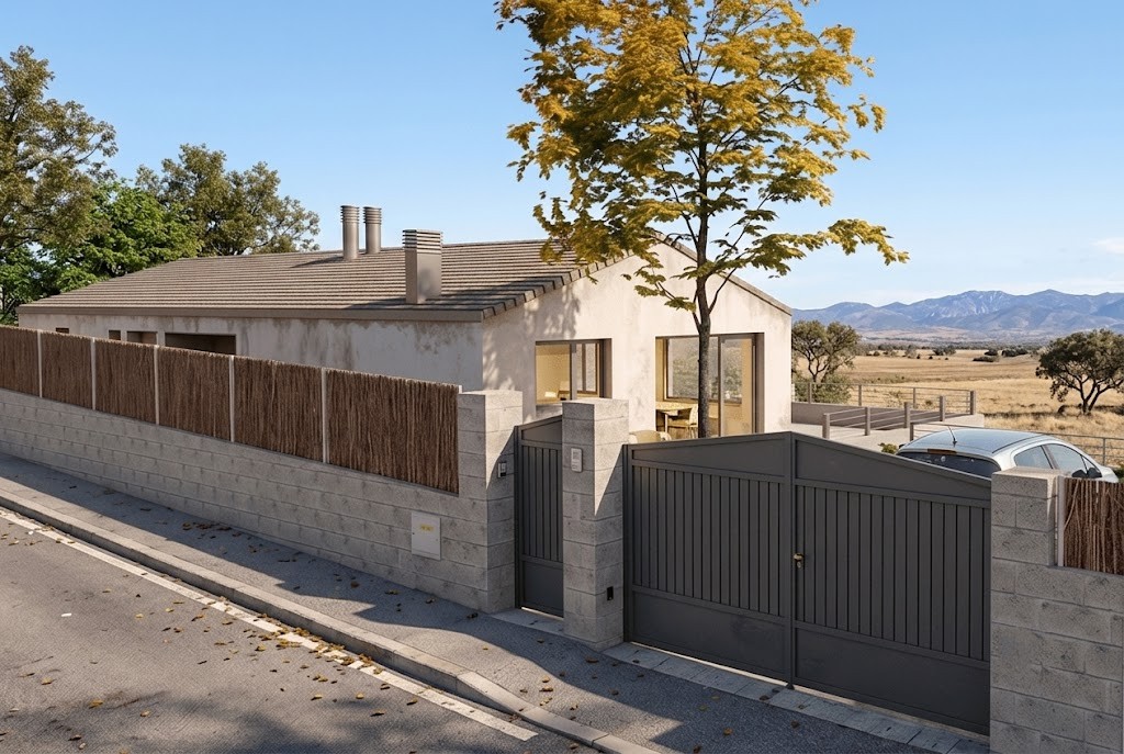 Vista exterior de una vivienda unifamiliar en la Sierra de Madrid, mostrando el muro perimetral de bloque, la puerta de acceso vehicular y peatonal, y un árbol central integrado en el diseño