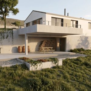 Bancales de hormigón visto con hiedra, escaleras de madera con iluminación integrada y porche con merendero en una vivienda unifamiliar en la Sierra de Madrid.