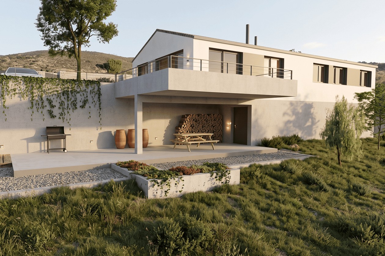 Bancales de hormigón visto con hiedra, escaleras de madera con iluminación integrada y porche con merendero en una vivienda unifamiliar en la Sierra de Madrid.