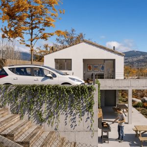 Diseño de vivienda unifamiliar en parcela con pendiente en la Sierra de Madrid, mostrando bancales de hormigón con hiedra, zona de porche inferior con barbacoa y entorno natural