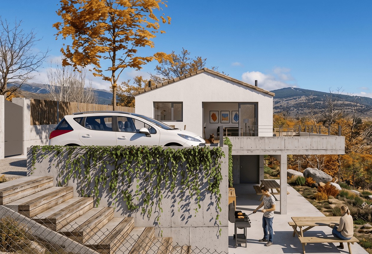 Diseño de vivienda unifamiliar en parcela con pendiente en la Sierra de Madrid, mostrando bancales de hormigón con hiedra, zona de porche inferior con barbacoa y entorno natural