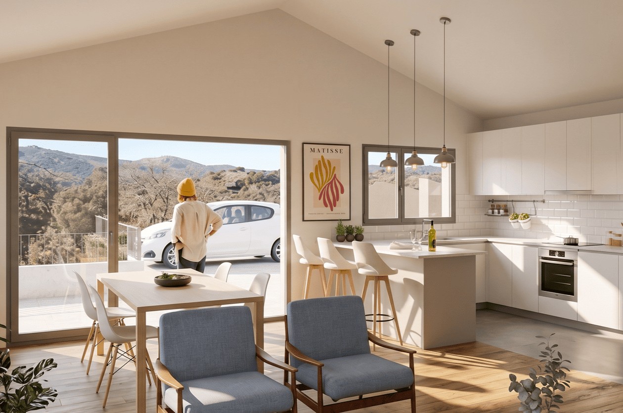 Diseño de interior de concepto abierto con cocina blanca integrada, techo inclinado y gran ventanal con vistas a la Sierra de Madrid en una vivienda unifamiliar.
