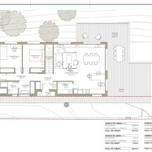 Plano técnico de distribución en planta baja de vivienda unifamiliar en Madrid, mostrando zona de día abierta, tres dormitorios, terrazas exteriores y cuadro de superficies.