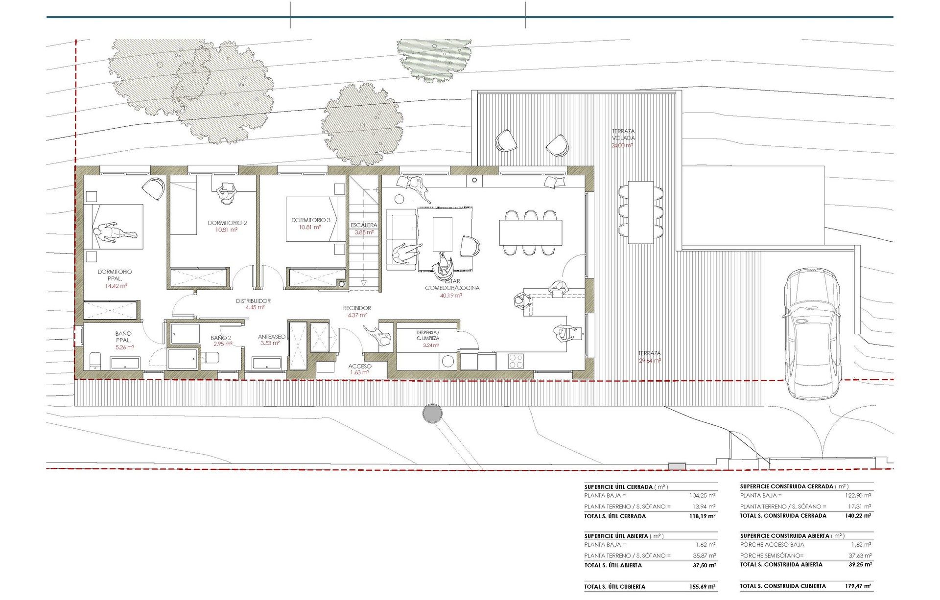 Plano técnico de distribución en planta baja de vivienda unifamiliar en Madrid, mostrando zona de día abierta, tres dormitorios, terrazas exteriores y cuadro de superficies.