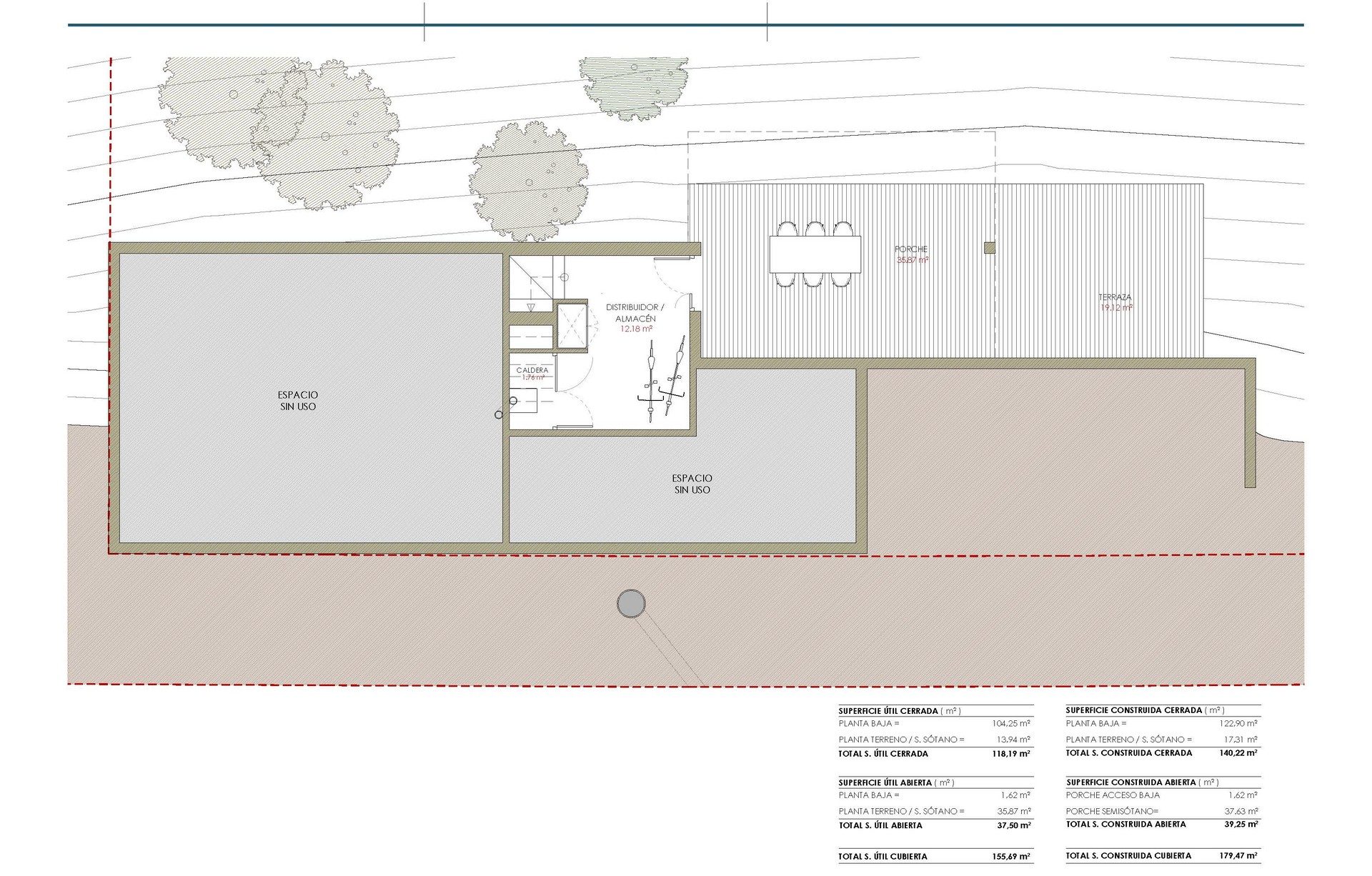 Plano técnico de proyecto básico de vivienda unifamiliar aislada en Madrid, detallando la planta semisótano con porche, distribuidor, almacén y cuadro de superficies.
