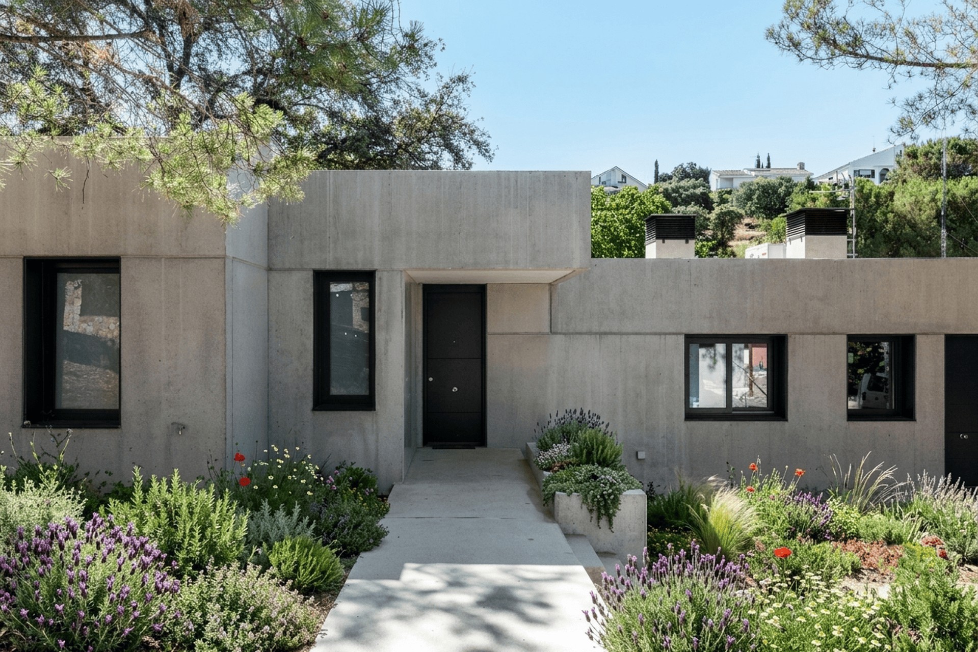 Fachada de acceso a vivienda unifamiliar de hormigón visto integrada en jardín, diseñada por Espacio Acorde, estudio de arquitectura en Madrid.