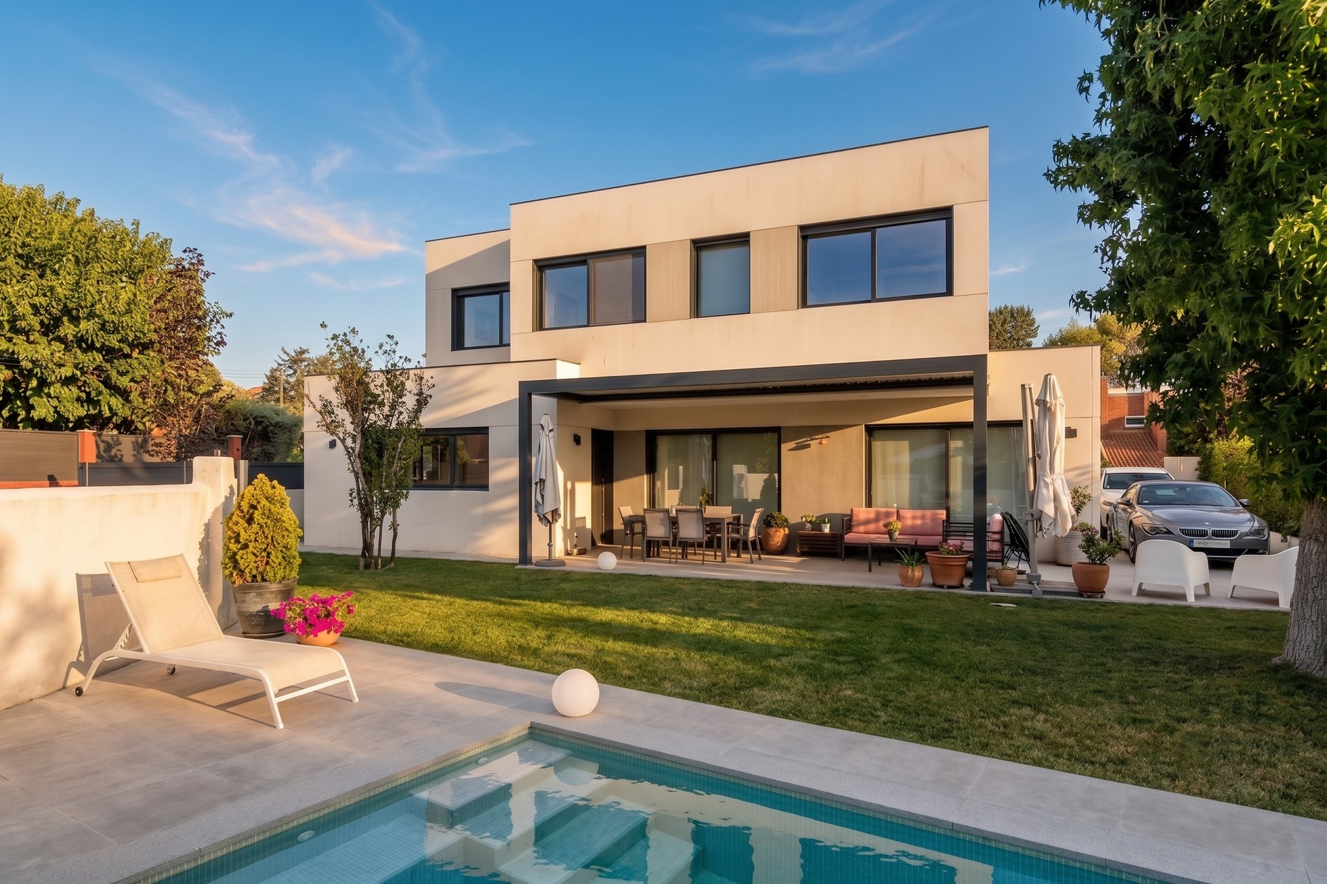 Fachada posterior de vivienda unifamiliar de dos plantas en Boadilla del Monte, con porche cubierto, zona de comedor exterior, jardín con césped y piscina integrada, proyectada por Espacio Acorde.