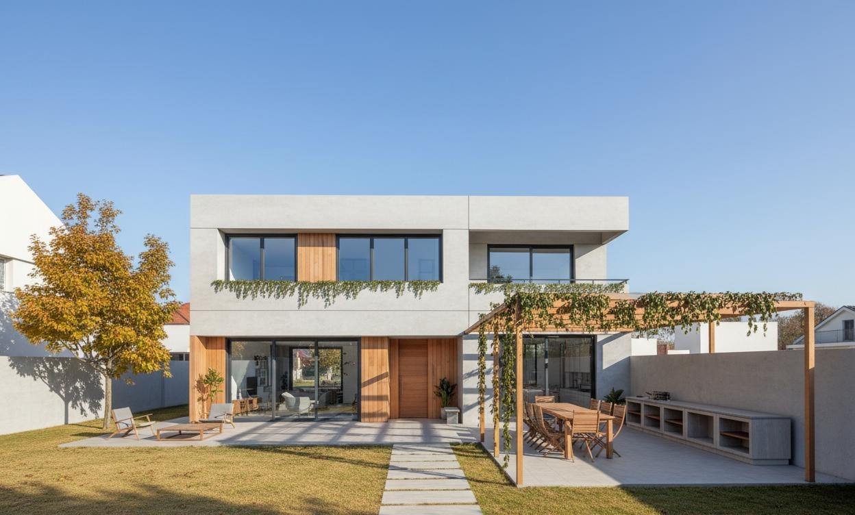 Render 3D de vivienda unifamiliar de dos plantas con pérgola de madera, porche y jardín en Madrid