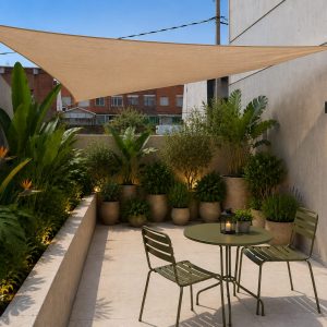 Patio urbano privado con vela de sombreamiento, vegetación en maceteros, iluminación técnica cálida y mobiliario de terraza en Madrid.