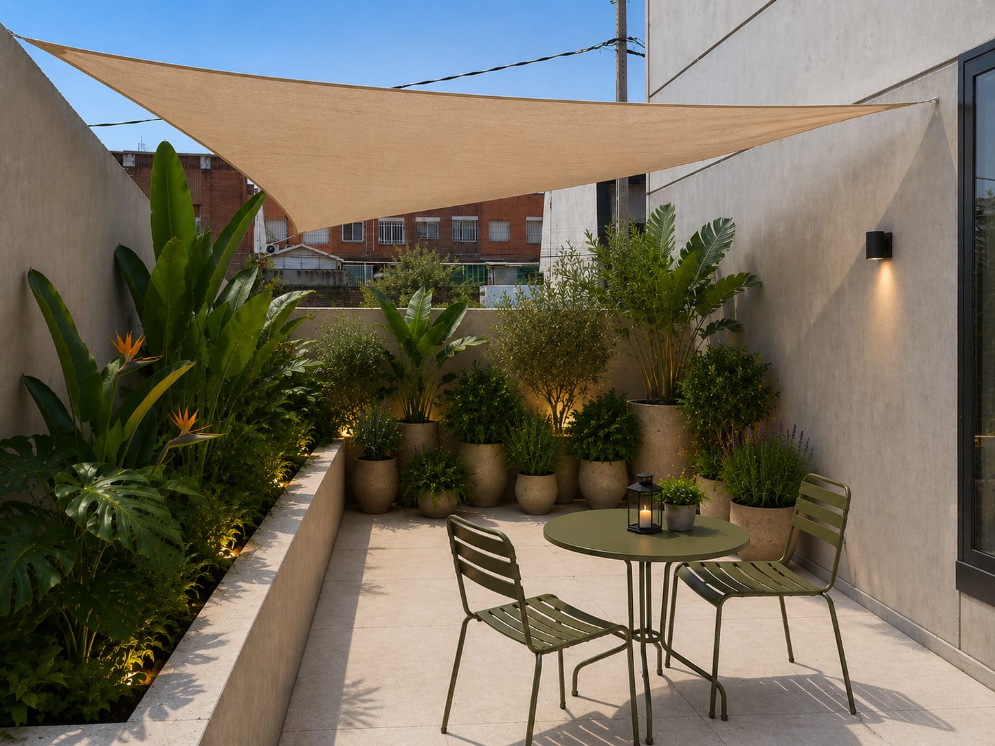 Patio urbano privado con vela de sombreamiento, vegetación en maceteros, iluminación técnica cálida y mobiliario de terraza en Madrid.